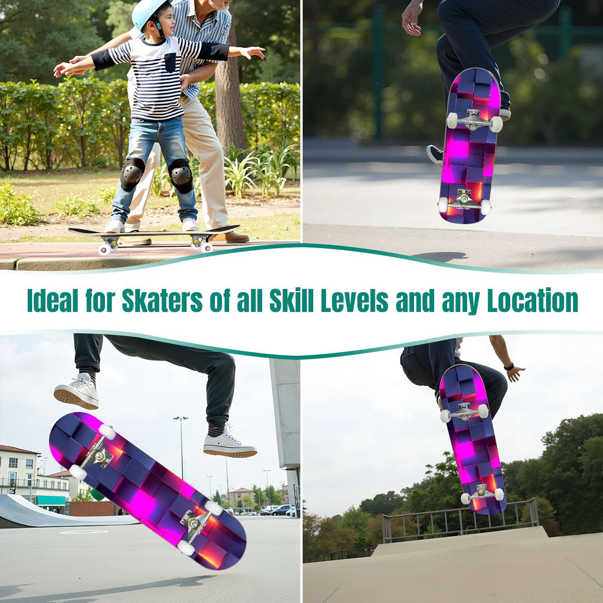 Glowing Futuristic Cubic Tunnel Metallic Tiles Bright Light 31" x 8" Complete Skateboard, 7-Ply Canadian Maple Double Kick Trick Board for Kids and Beginners Adult Gifts