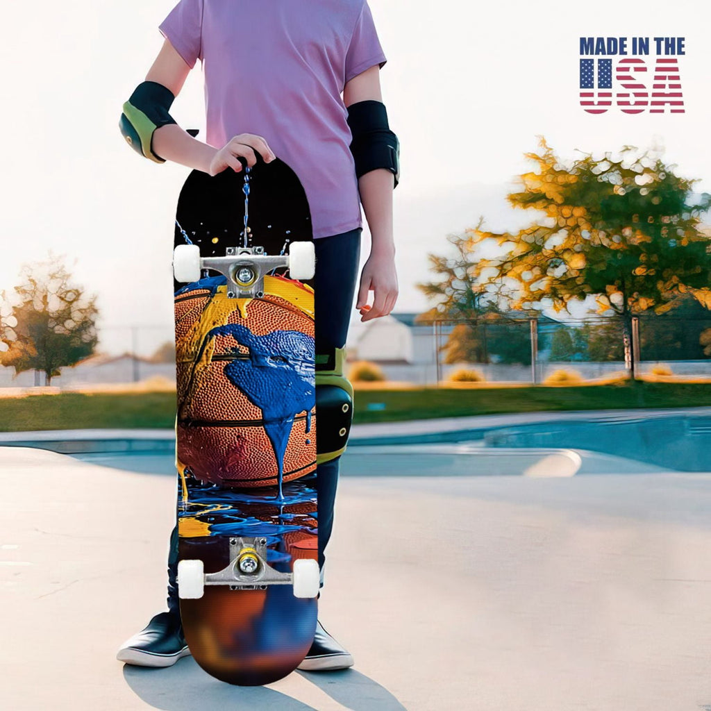 31"x8" Complete Skateboards for Beginners,Abstract Soccer Ball Vibrant Paint Splashes Drips Double Kick 7 Ply Canadian Maple Deck Skateboard with Wheels, Sports Gifts for Kids Teens