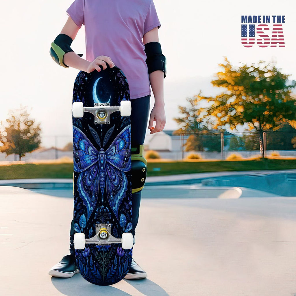 31"x8" Complete Skateboards for Beginners, Colorful Butterfly Blooming Flowers Under Full Moon Starry Double Kick 7 Ply Canadian Maple Deck Skateboard with Wheels, Gifts for Kids Teens