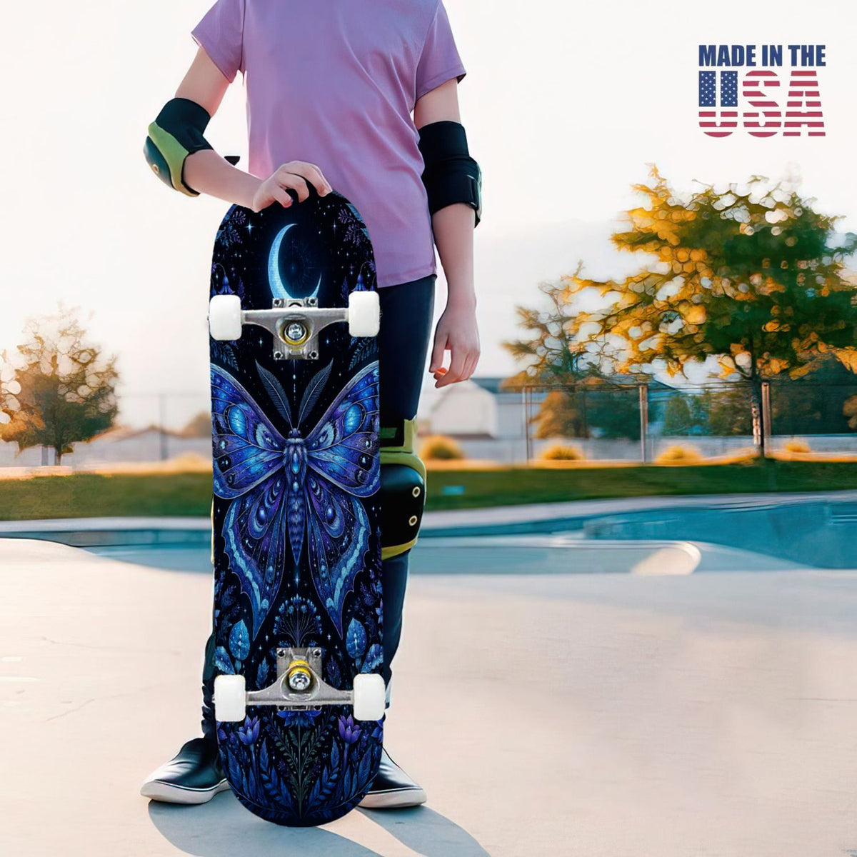 31"x8" Complete Skateboards for Beginners, Colorful Butterfly Blooming Flowers Under Full Moon Starry Double Kick 7 Ply Canadian Maple Deck Skateboard with Wheels, Gifts for Kids Teens