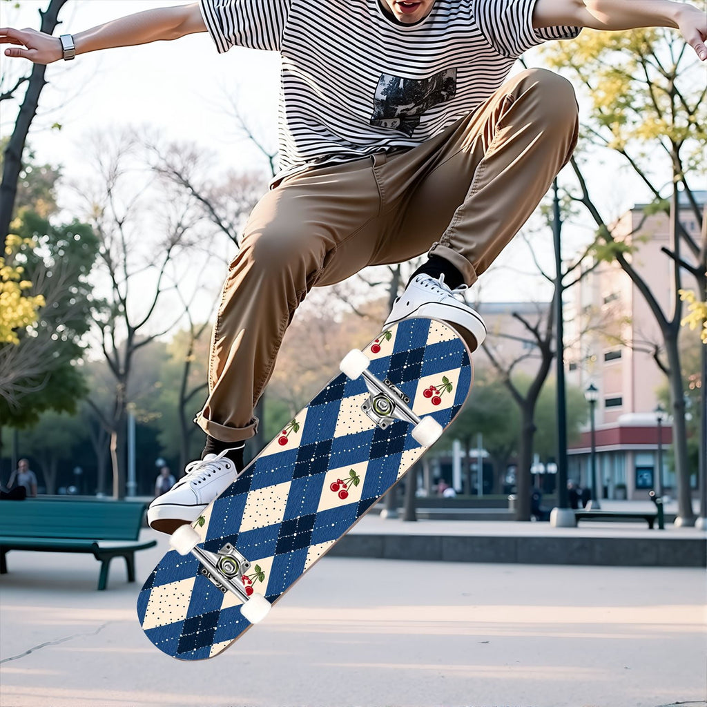 31"x8" Complete Skateboards for Beginners,Pink White Gingham Checkered Subtle Double Kick 7 Ply Canadian Maple Deck Skateboard with Wheels, Gifts for Kids Teens