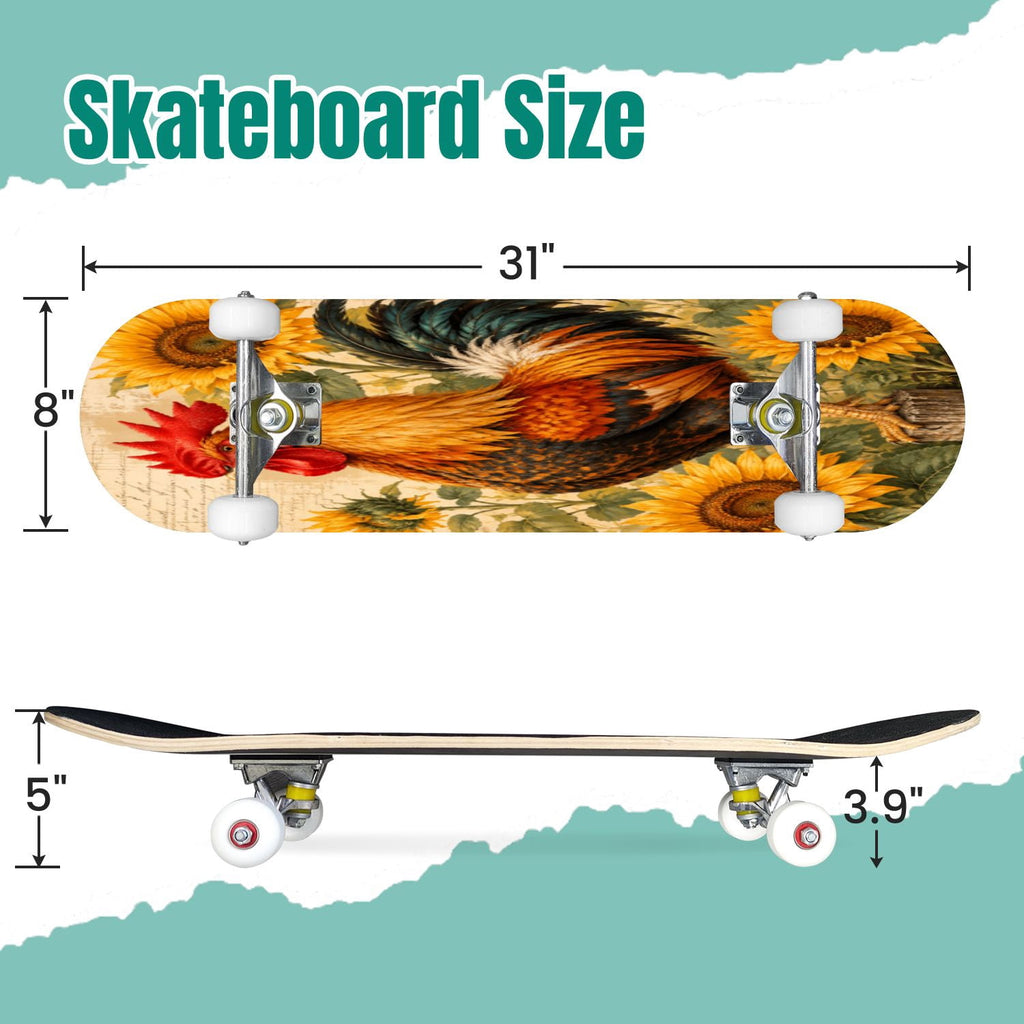 Modern Botanical Watercolor Pink Gold Mint Navy Leaves 31" x 8" Complete Skateboard, 7-Ply Canadian Maple Double Kick Trick Board for Kids and Beginners Adult Gifts