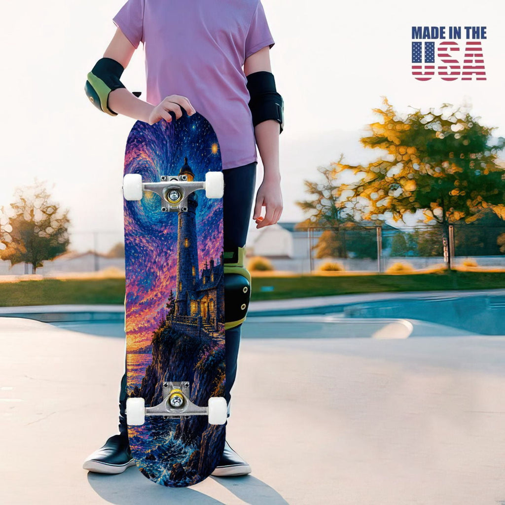 31"x8" Complete Skateboards for Beginners, Underwater Sharks Glowing Purple Jellyfish Marine Life Double Kick 7 Ply Canadian Maple Deck Skateboard with Wheels, Gifts for Kids Teens