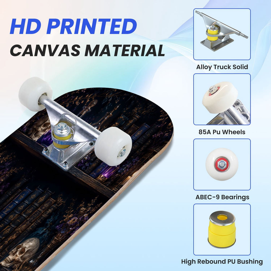 31"x8" Complete Skateboards for Beginners,Vintage Botanical Skull Flowers Elements Dark Double Kick 7 Ply Canadian Maple Deck Skateboard with Wheels, Gifts for Kids Teens