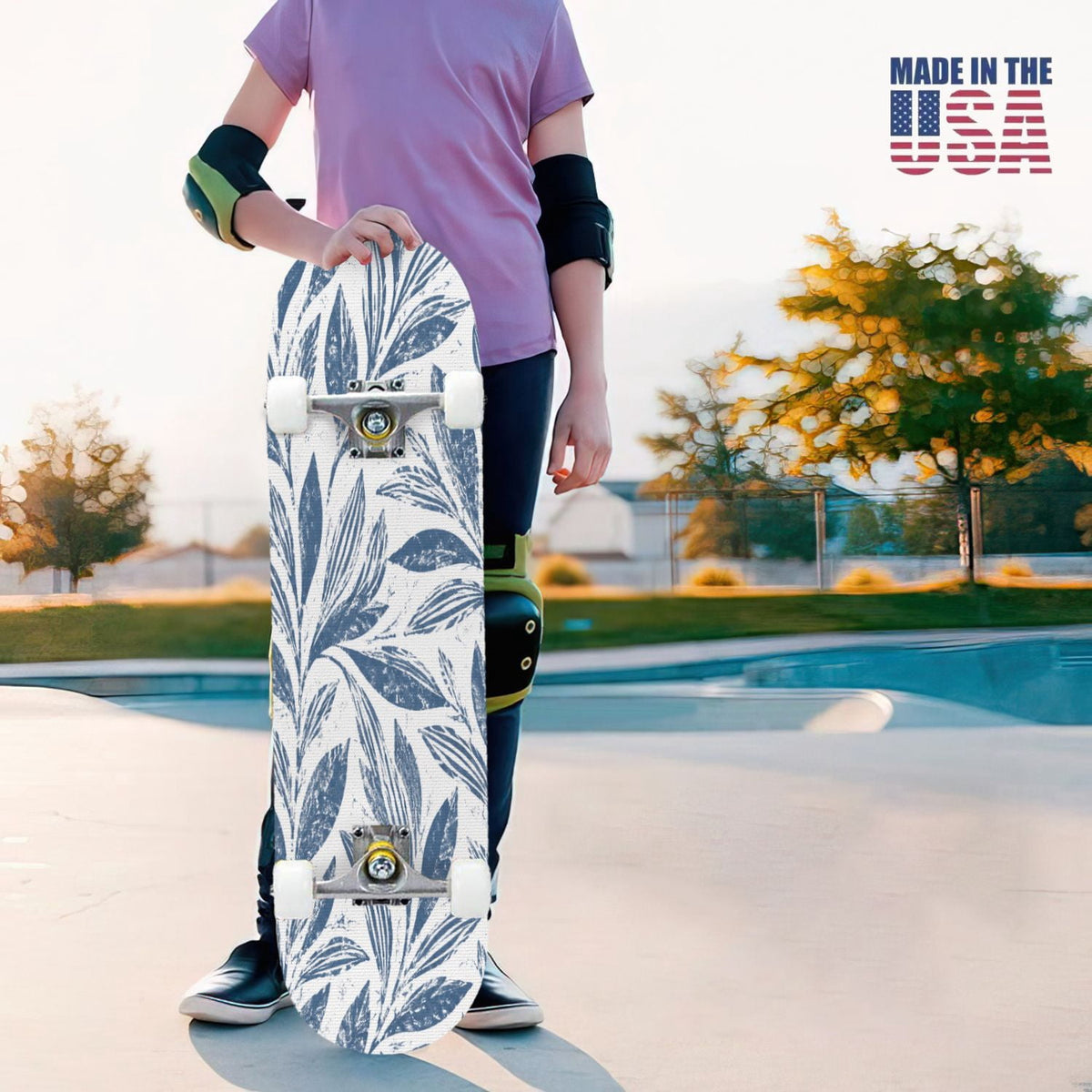 31"x8" Complete Skateboards for Beginners,Blue Flowers Crystals Seamless Watercolor Double Kick 7 Ply Canadian Maple Deck Skateboard with Wheels, Gifts for Kids Teens