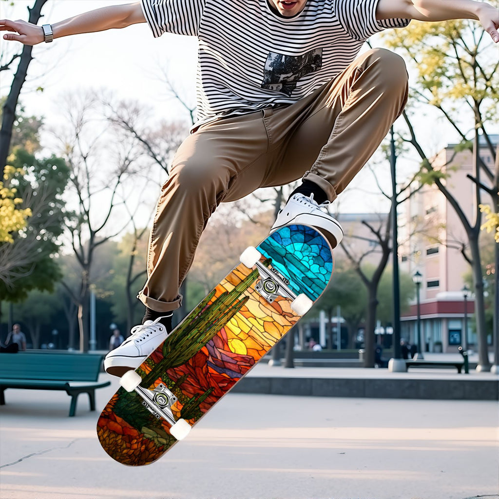 31"x8" Complete Skateboards for Beginners, Vibrant Stained Glass Window Butterflies Flowers Double Kick 7 Ply Canadian Maple Deck Skateboard with Wheels, Gifts for Kids Teens