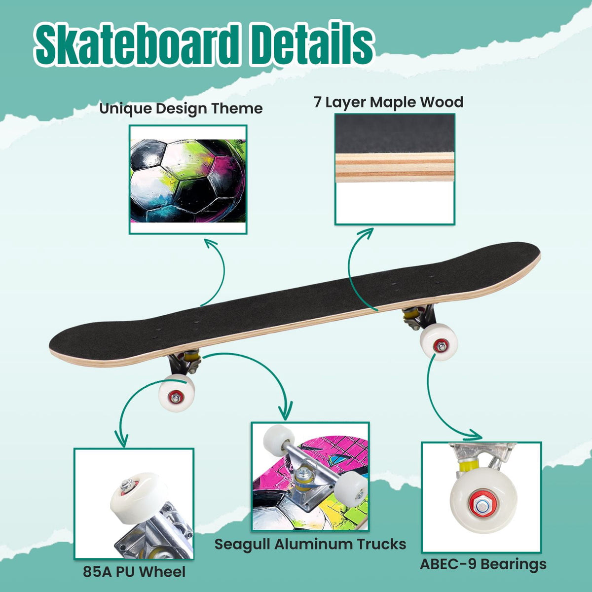 Dynamic Soccer Ball Explosion Energy Effects Stadium 31" x 8" Complete Skateboard, 7-Ply Canadian Maple Double Kick Trick Board for Kids and Beginners Adult Gifts