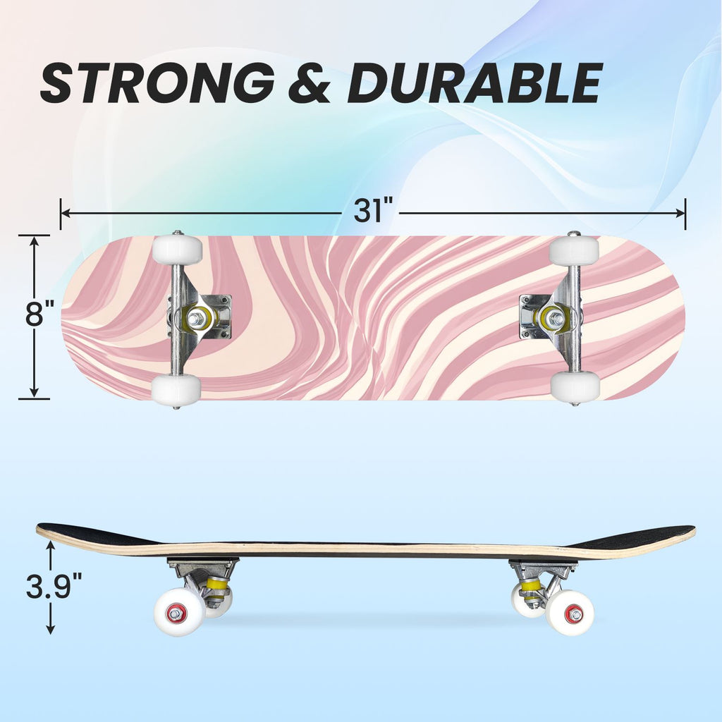 31"x8" Complete Skateboards for Beginners, Abstract Pastel Swirl Soft Earthy Tones Double Kick 7 Ply Canadian Maple Deck Skateboard with Wheels, Gifts for Kids Teens