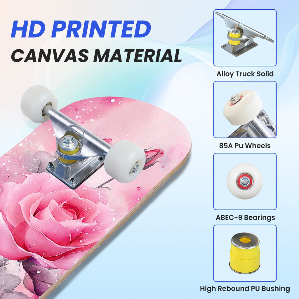 31"x8" Complete Skateboards for Beginners, Elegant Pink Red Roses Green Leaves Dark Double Kick 7 Ply Canadian Maple Deck Skateboard with Wheels, Gifts for Kids Teens