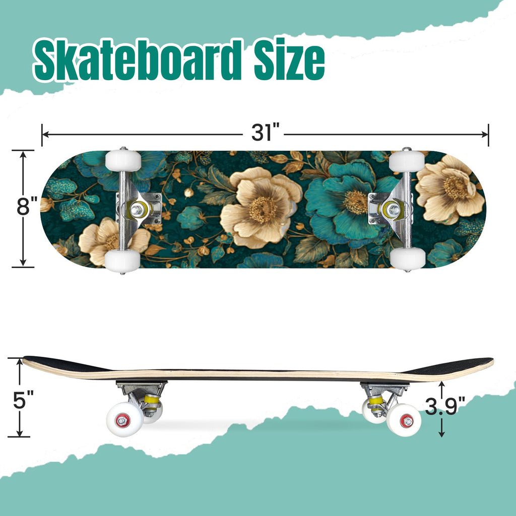 Vintage Floral Bird Sepia Tones 31" x 8" Complete Skateboard, 7-Ply Canadian Maple Double Kick Trick Board for Kids and Beginners Adult Gifts
