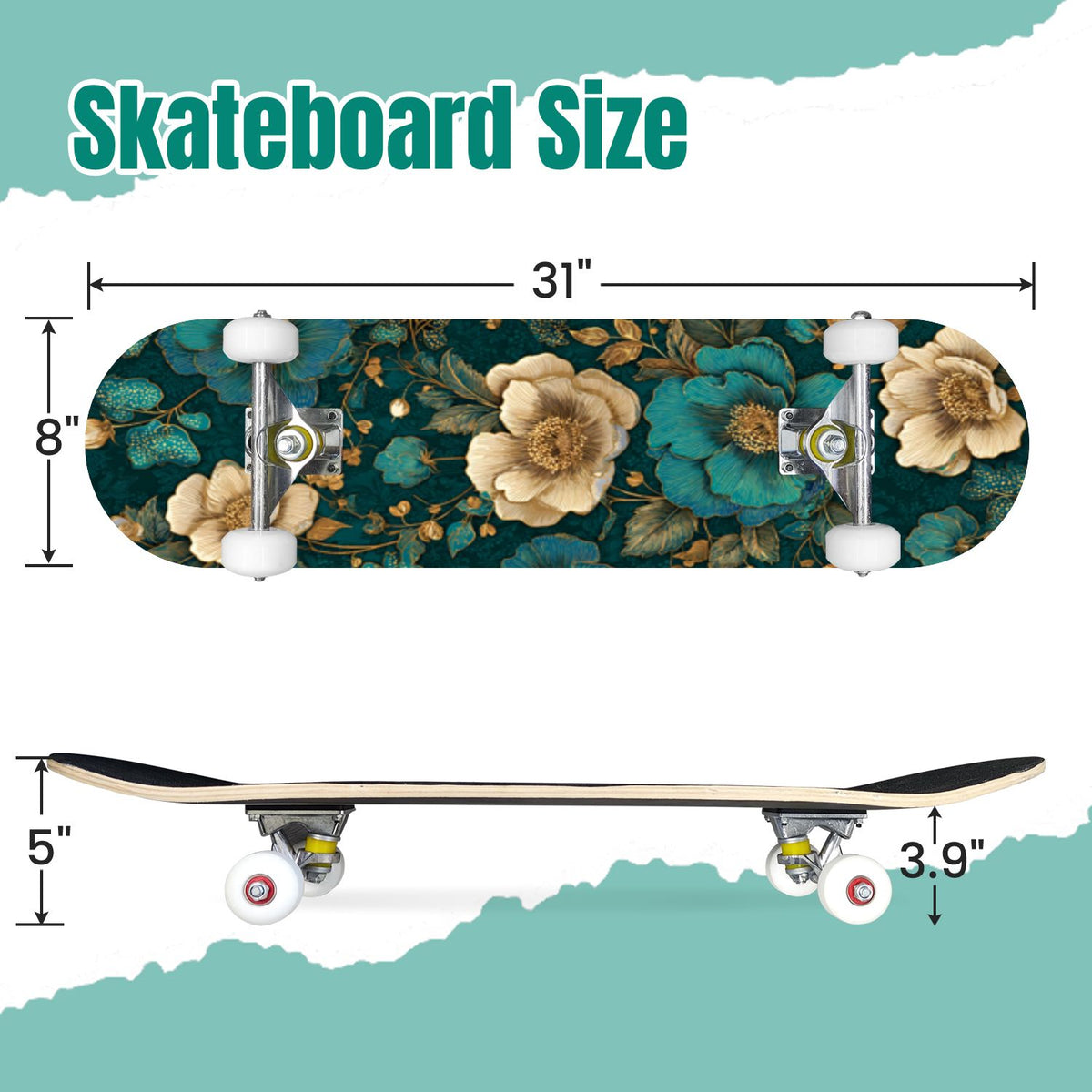Vintage Floral Bird Sepia Tones 31" x 8" Complete Skateboard, 7-Ply Canadian Maple Double Kick Trick Board for Kids and Beginners Adult Gifts