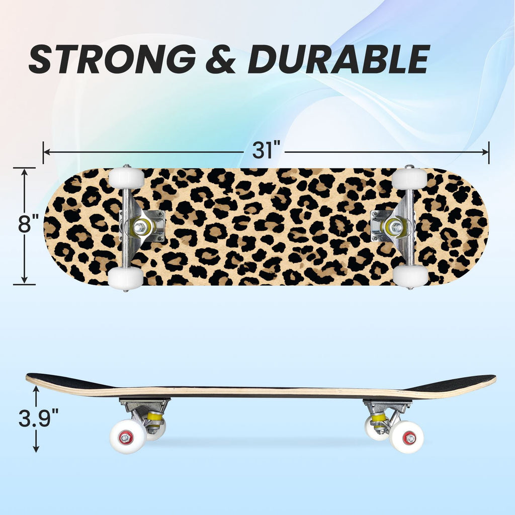 31"x8" Complete Skateboards for Beginners,Leopard Print Black Brown Beige Double Kick 7 Ply Canadian Maple Deck Skateboard with Wheels, Gifts for Kids Teens