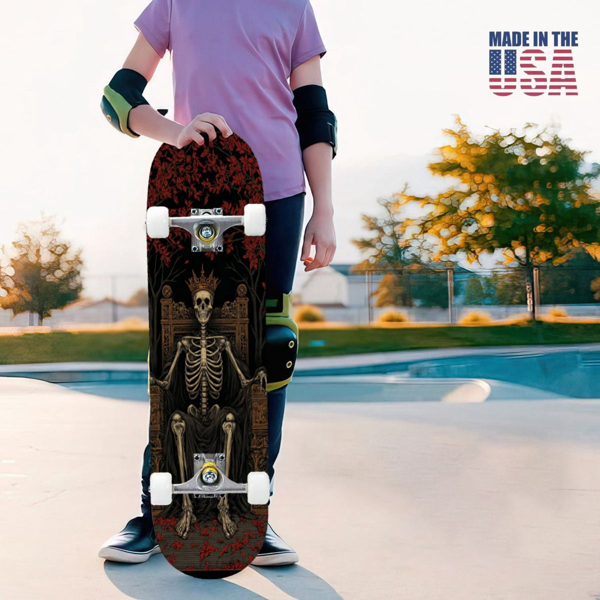 31"x8" Complete Skateboards for Beginners, Romantic Skeletons Blooming Roses Dark Academia Double Kick 7 Ply Canadian Maple Deck Skateboard with Wheels, Gifts for Kids Teens