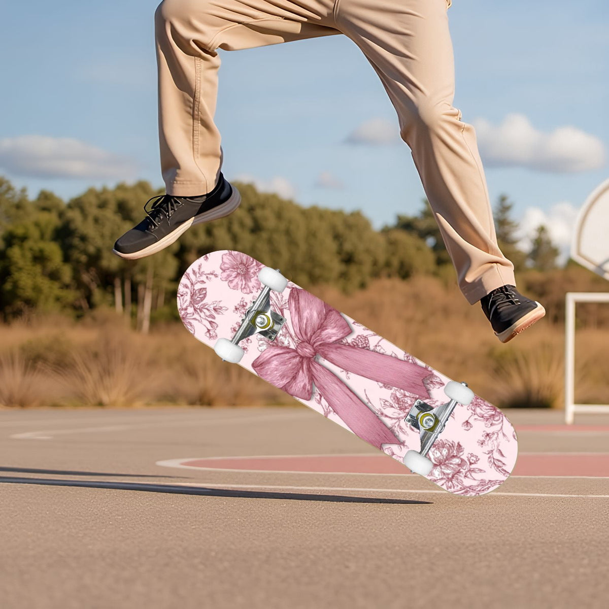 Golden Floral Line Art Seamless 31" x 8" Complete Skateboard, 7-Ply Canadian Maple Double Kick Trick Board for Kids and Beginners Adult Gifts