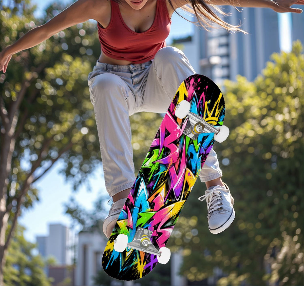 Complete Skateboard Vibrant Multicolored Abstract 31 Inch 7-Ply Maple Skateboard with PU Wheels and Aluminum Trucks, Ready-to-Ride Skateboard for Beginners, Teens and Adults