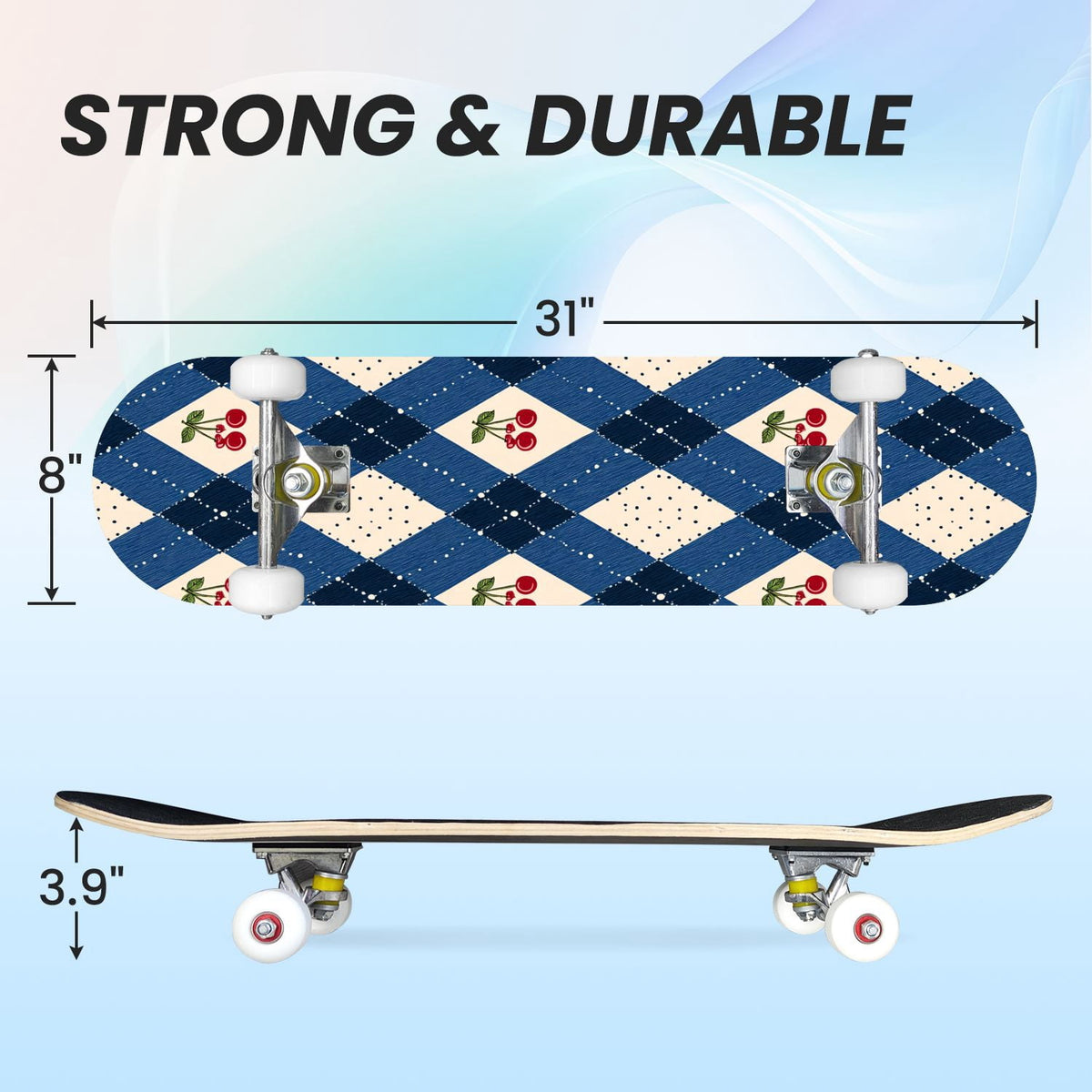 31"x8" Complete Skateboards for Beginners,Pink White Gingham Checkered Subtle Double Kick 7 Ply Canadian Maple Deck Skateboard with Wheels, Gifts for Kids Teens