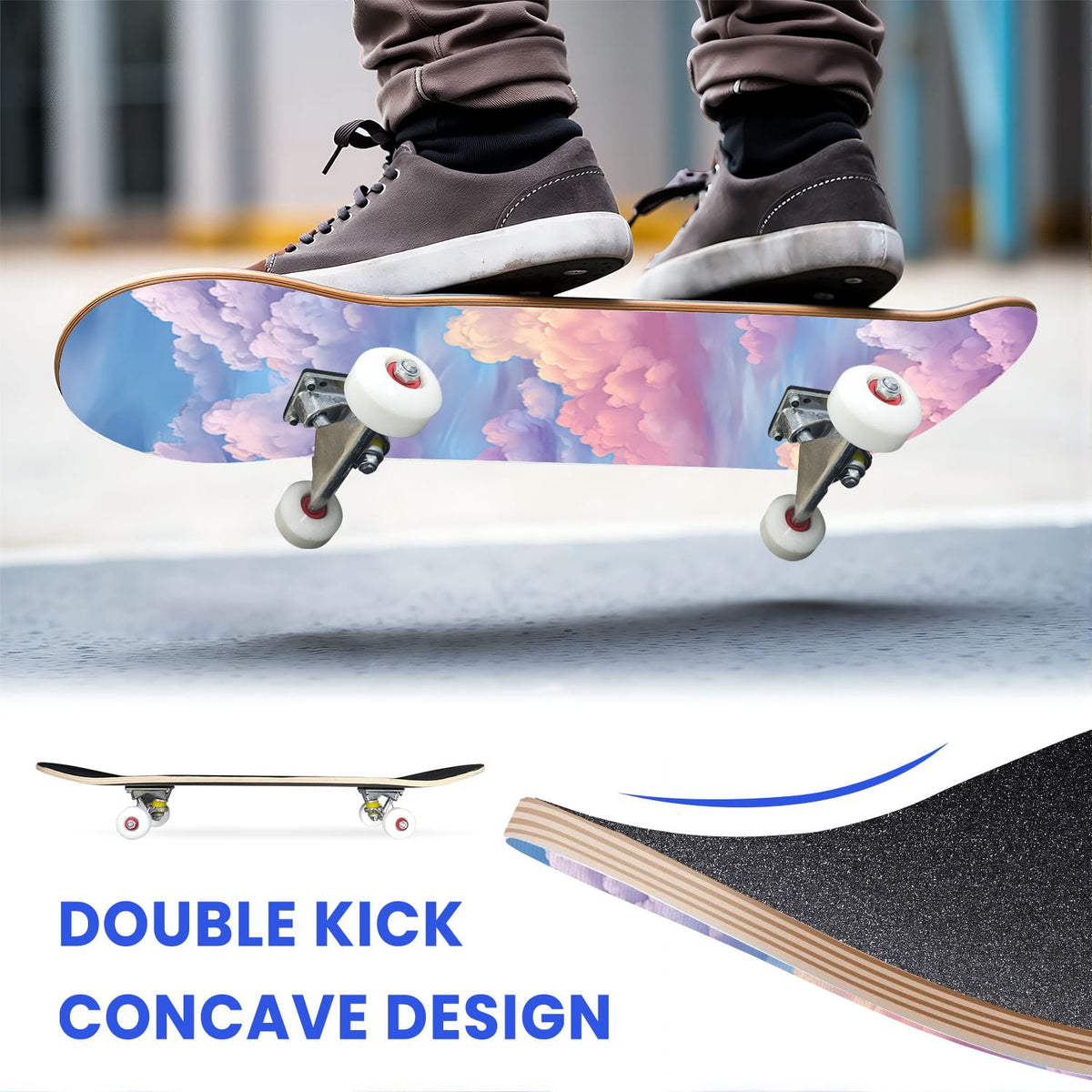 31"x8" Complete Skateboards for Beginners, Pastel Sky Fluffy Clouds Pink Purple Blue Summer Decor Double Kick 7 Ply Canadian Maple Deck Skateboard with Wheels, Gifts for Kids Teens