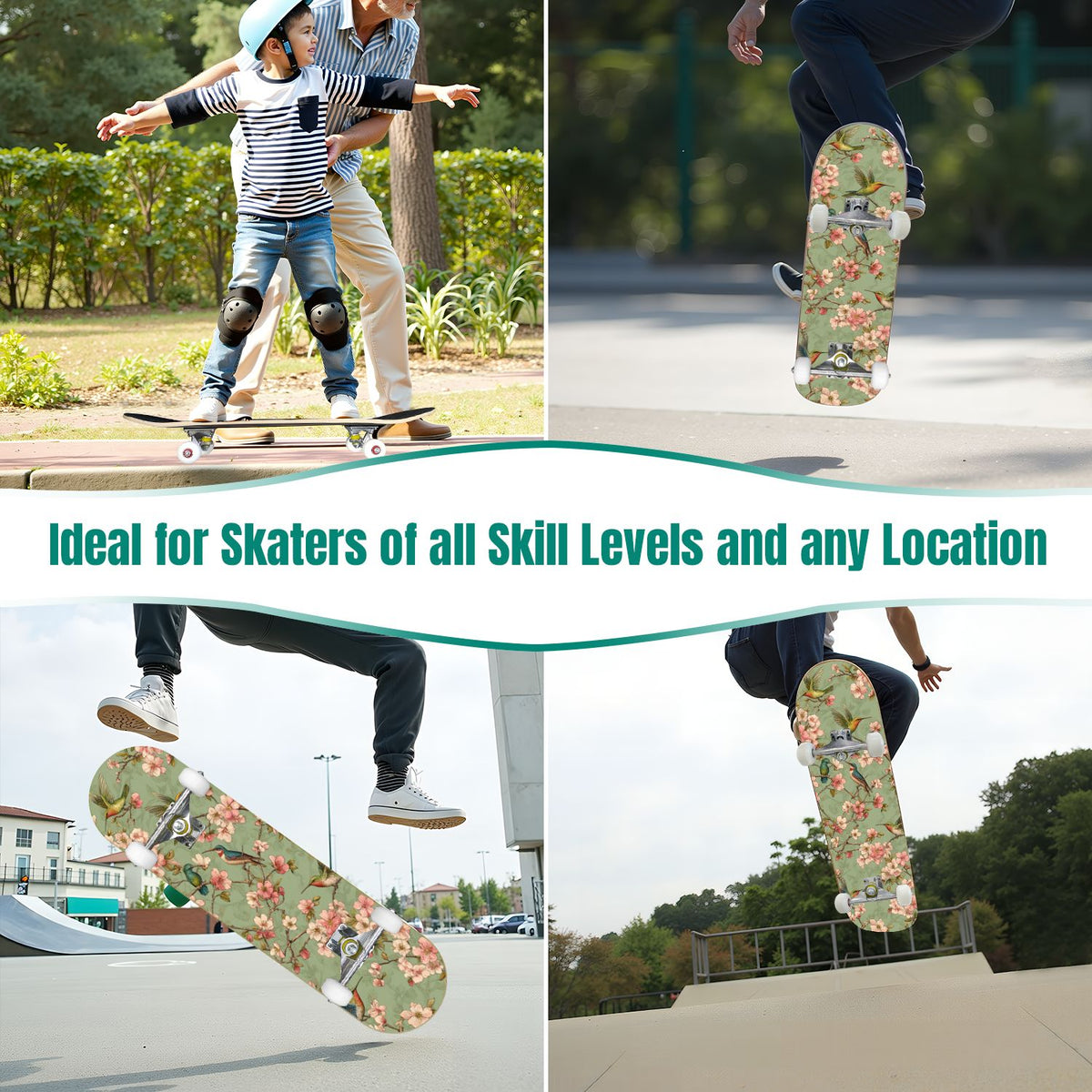 Vintage Movie Theater Classic Cinema 31" x 8" Complete Skateboard, 7-Ply Canadian Maple Double Kick Trick Board for Kids and Beginners Adult Gifts