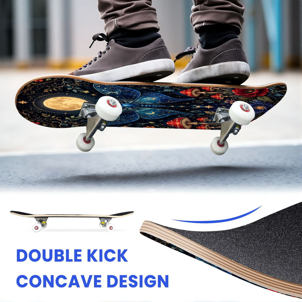 31"x8" Complete Skateboards for Beginners, Butterfly Garden Vintage Botanical Motifs Dark Green Teal Double Kick 7 Ply Canadian Maple Deck Skateboard with Wheels, Gifts for Kids Teens