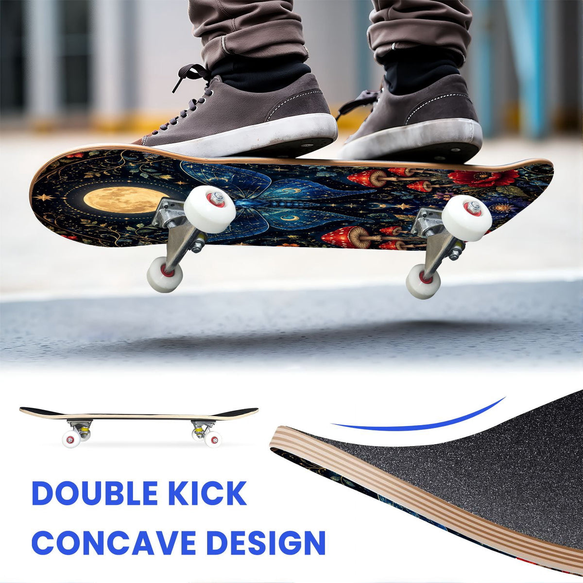 31"x8" Complete Skateboards for Beginners, Butterfly Garden Vintage Botanical Motifs Dark Green Teal Double Kick 7 Ply Canadian Maple Deck Skateboard with Wheels, Gifts for Kids Teens