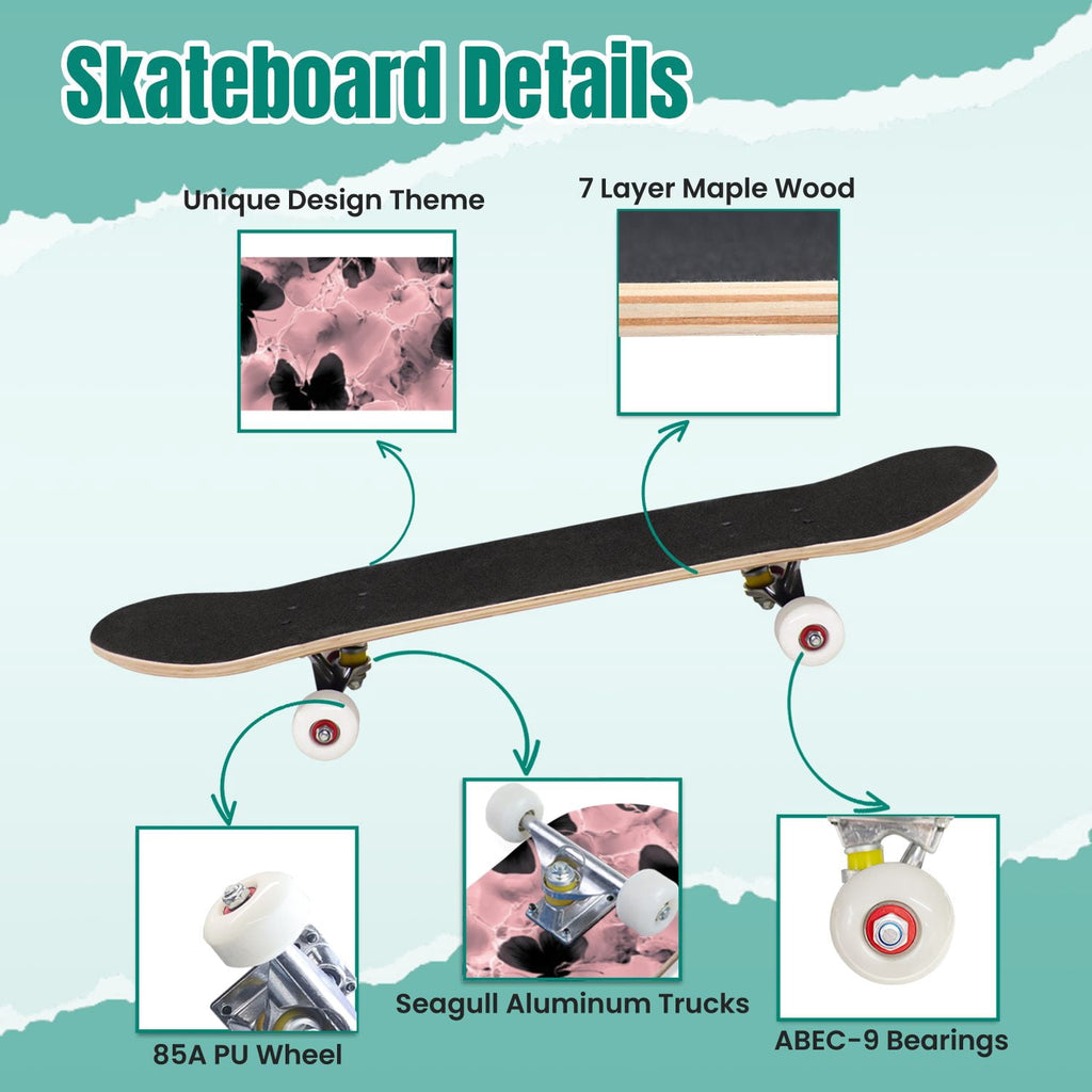 Delicate Pink Floral Ribbon Design 31" x 8" Complete Skateboard, 7-Ply Canadian Maple Double Kick Trick Board for Kids and Beginners Adult Gifts