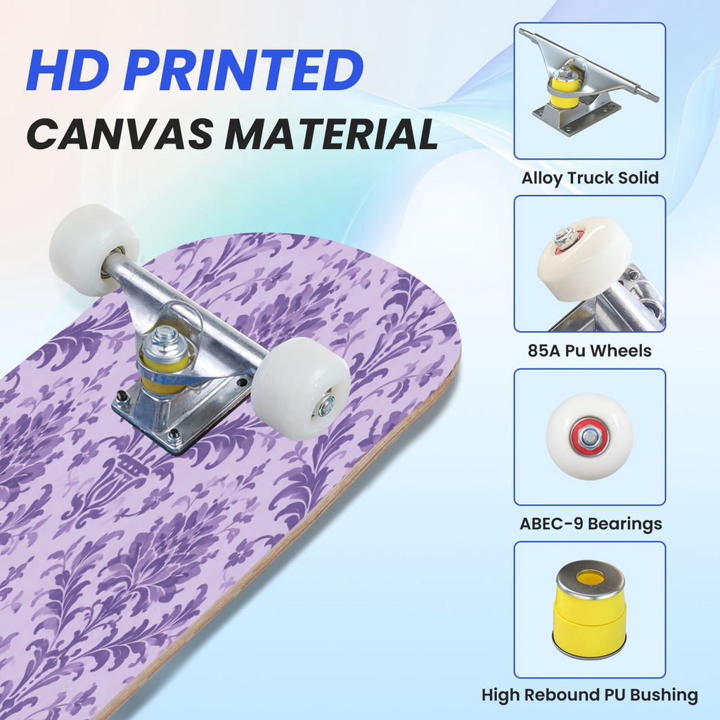 31"x8" Complete Skateboards for Beginners, Vibrant Purple Teal Floral Artwork Golden Accents Vintage Double Kick 7 Ply Canadian Maple Deck Skateboard with Wheels, Gifts for Kids Teens