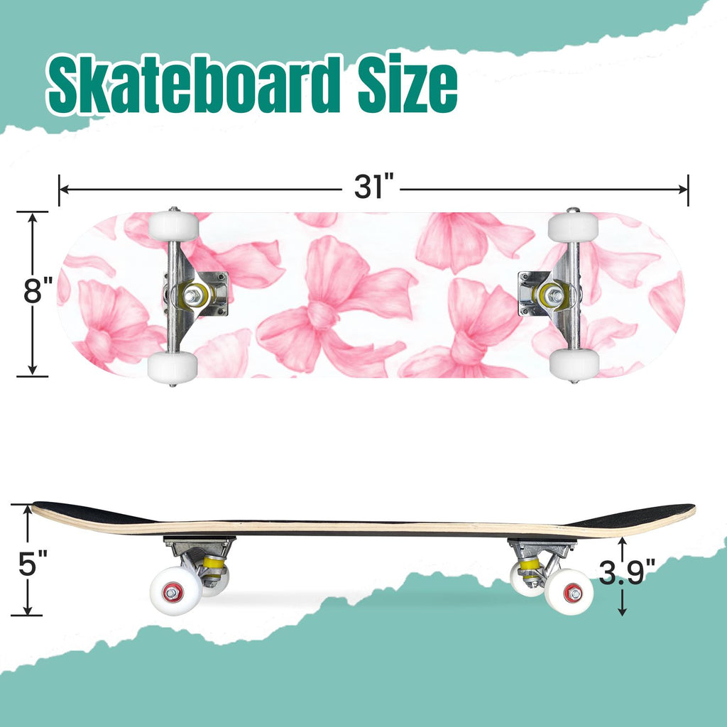 Delicate Pink Floral Ribbon Design 31" x 8" Complete Skateboard, 7-Ply Canadian Maple Double Kick Trick Board for Kids and Beginners Adult Gifts