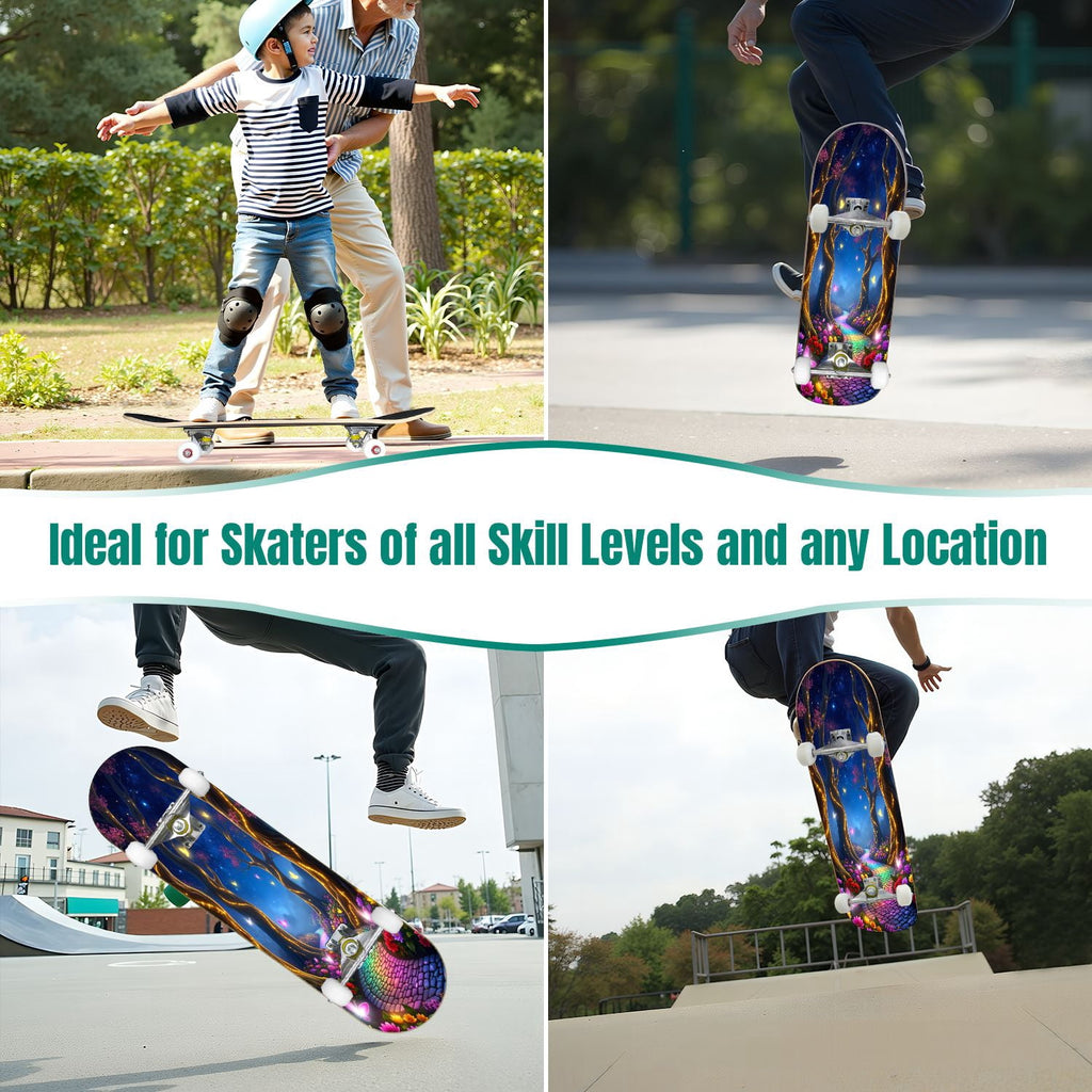 31"x8" Complete Skateboards for Beginners, Magical Forest Glowing Mushrooms Twinkling Fantasy Double Kick 7 Ply Canadian Maple Deck Skateboard with Wheels, Gifts for Kids Teens