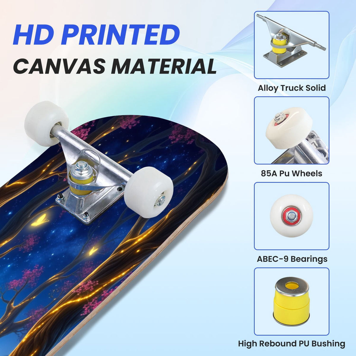 31"x8" Complete Skateboards for Beginners, Magical Forest Glowing Mushrooms Twinkling Fantasy Double Kick 7 Ply Canadian Maple Deck Skateboard with Wheels, Gifts for Kids Teens
