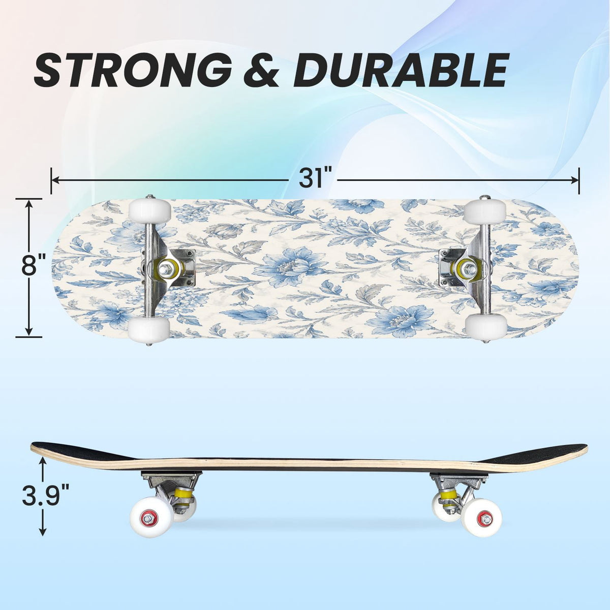 31"x8" Complete Skateboards for Beginners,Blue White Vintage Floral Roses Ornate Swirls Double Kick 7 Ply Canadian Maple Deck Skateboard with Wheels, Gifts for Kids Teens