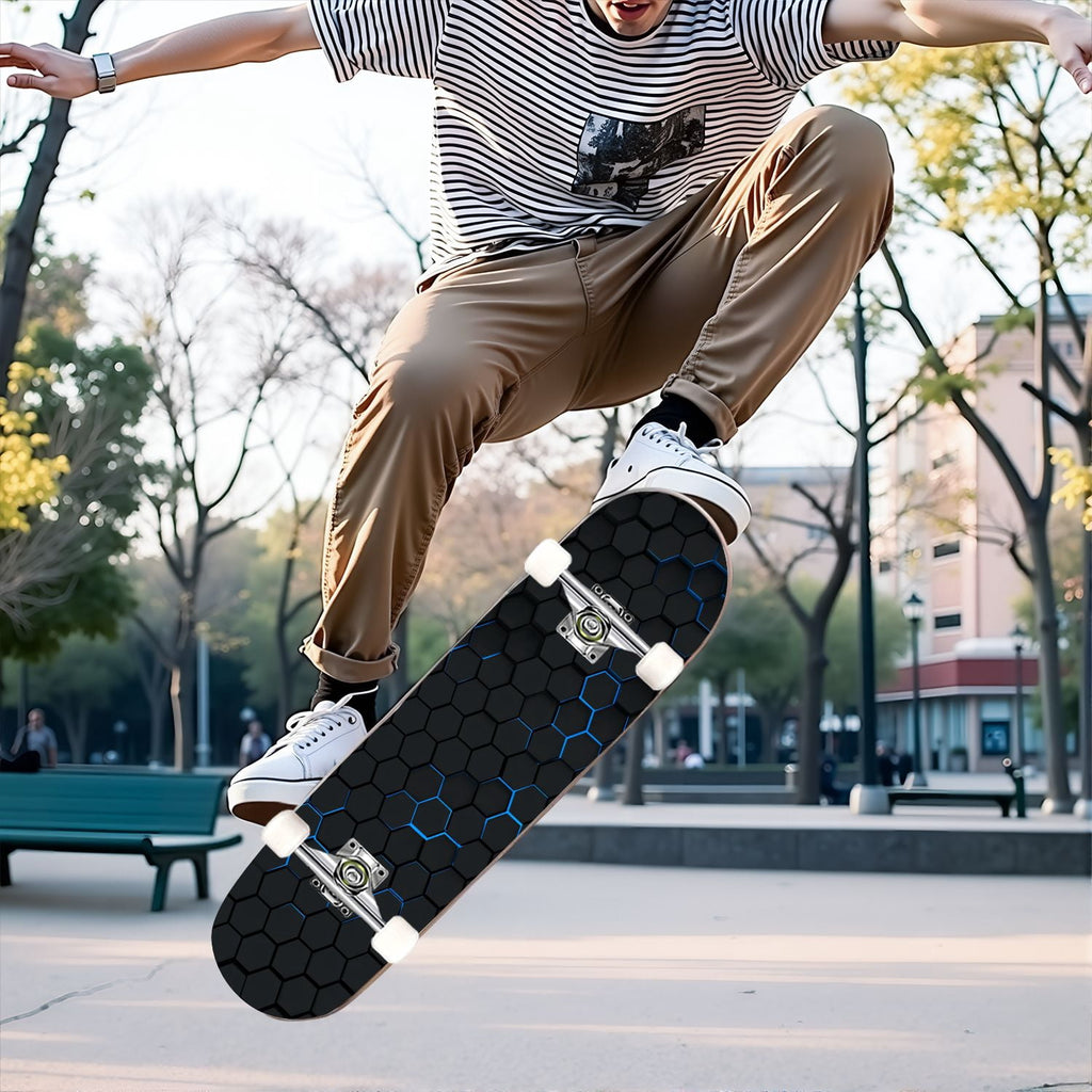 31"x8" Complete Skateboards for Beginners,Black Hexagon Honeycomb Glowing Blue Accents Double Kick 7 Ply Canadian Maple Deck Skateboard with Wheels, Gifts for Kids Teens
