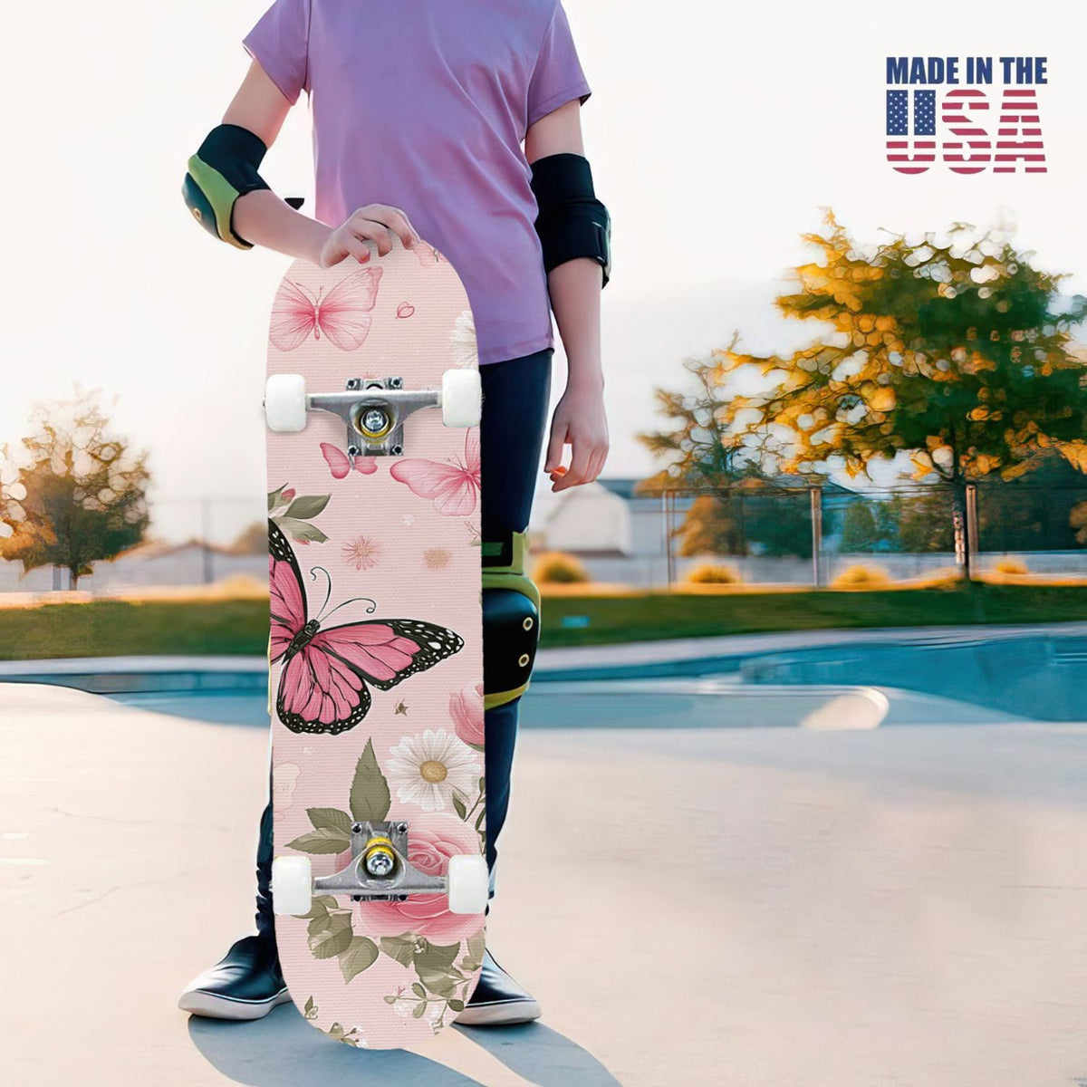 31"x8" Complete Skateboards for Beginners, Elegant Floral Pink Roses Blue Butterflies Double Kick 7 Ply Canadian Maple Deck Skateboard with Wheels, Gifts for Kids Teens