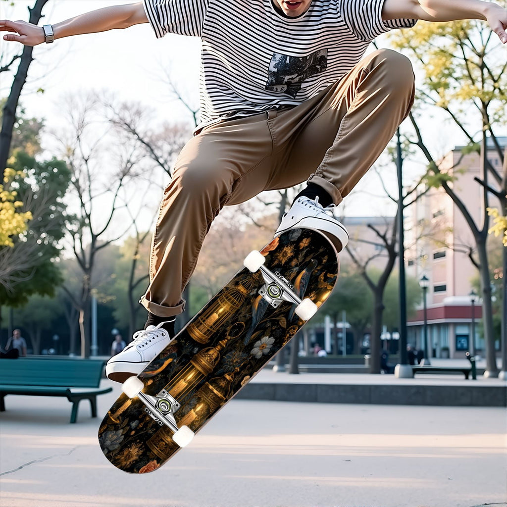 31"x8" Complete Skateboards for Beginners, Romantic Skeletons Blooming Roses Dark Academia Double Kick 7 Ply Canadian Maple Deck Skateboard with Wheels, Gifts for Kids Teens