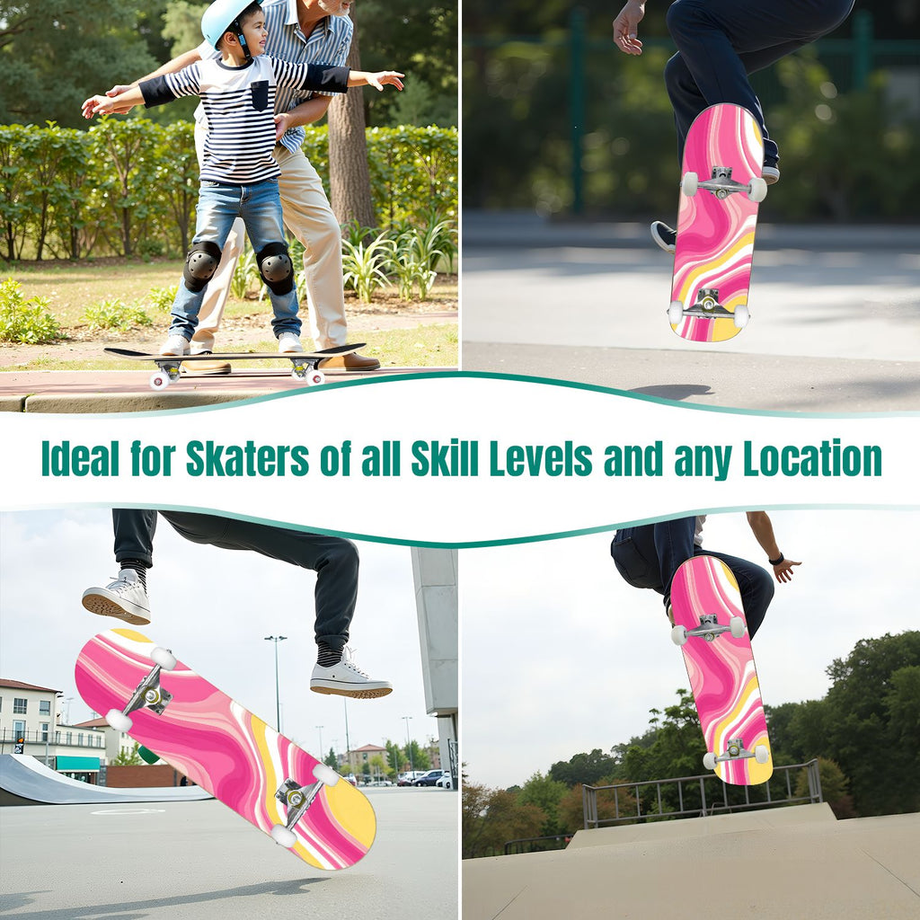 Pink Marble Fluid Abstract Design 31" x 8" Complete Skateboard, 7-Ply Canadian Maple Double Kick Trick Board for Kids and Beginners Adult Gifts