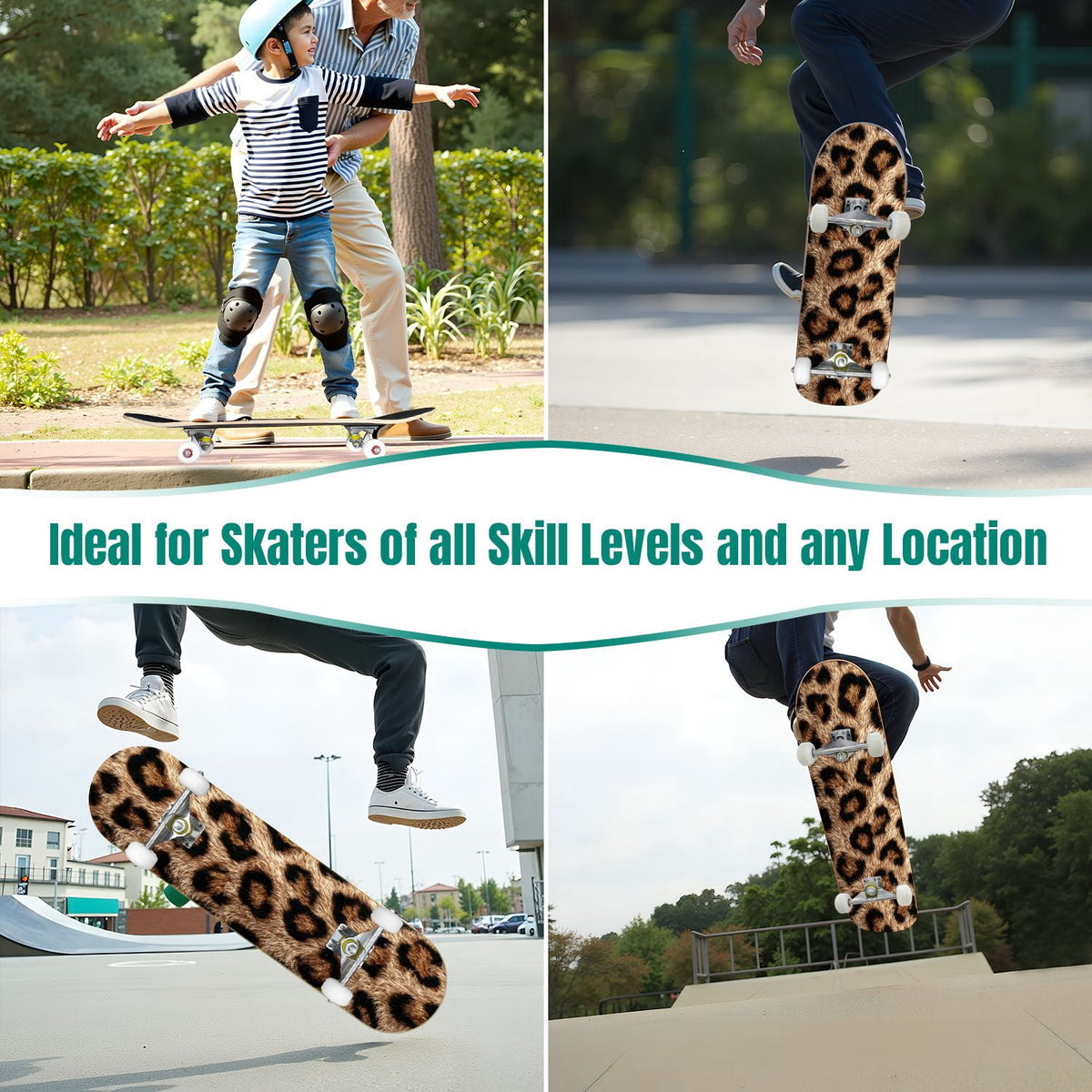 Tropical Jungle Leaf Teal Green Botanical 31" x 8" Complete Skateboard, 7-Ply Canadian Maple Double Kick Trick Board for Kids and Beginners Adult Gifts