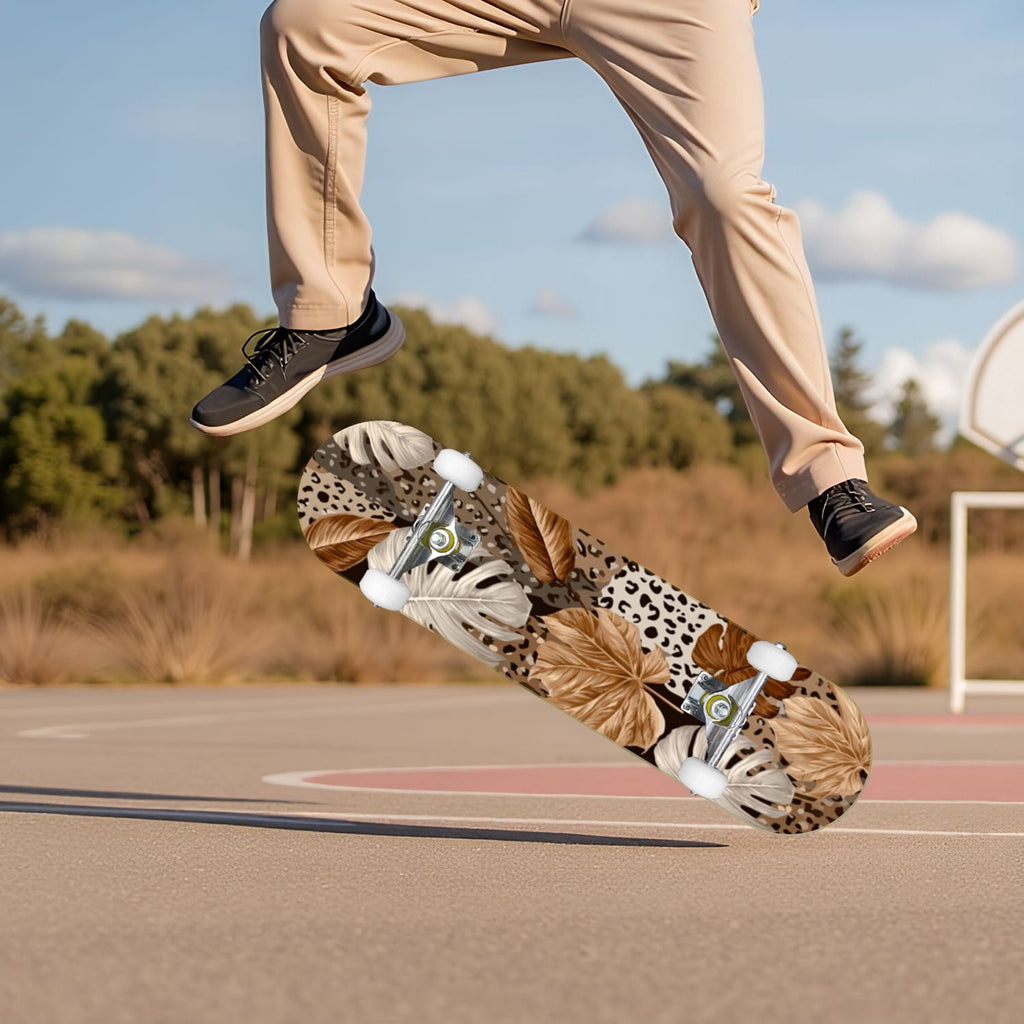 Monstera Leaves Leopard Print Seamless Earth Tones 31" x 8" Complete Skateboard, 7-Ply Canadian Maple Double Kick Trick Board for Kids and Beginners Adult Gifts