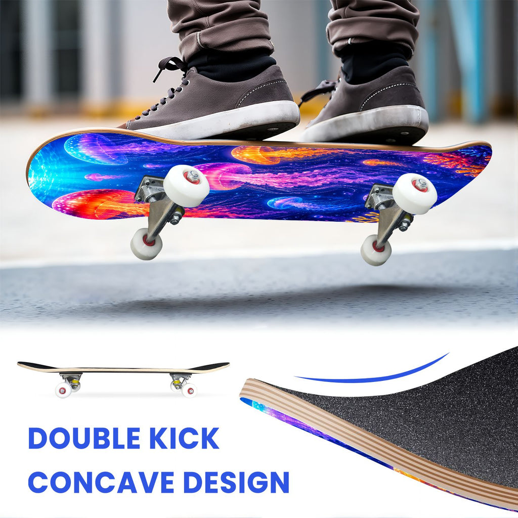 31"x8" Complete Skateboards for Beginners, Colorful Cosmic Octopus Tentacles Starry Marine Life Double Kick 7 Ply Canadian Maple Deck Skateboard with Wheels, Gifts for Kids Teens