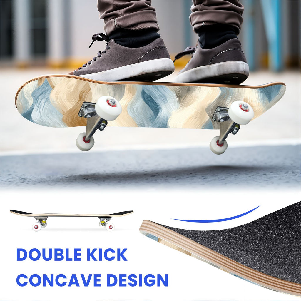 31"x8" Complete Skateboards for Beginners, Abstract Pastel Swirl Soft Earthy Tones Double Kick 7 Ply Canadian Maple Deck Skateboard with Wheels, Gifts for Kids Teens