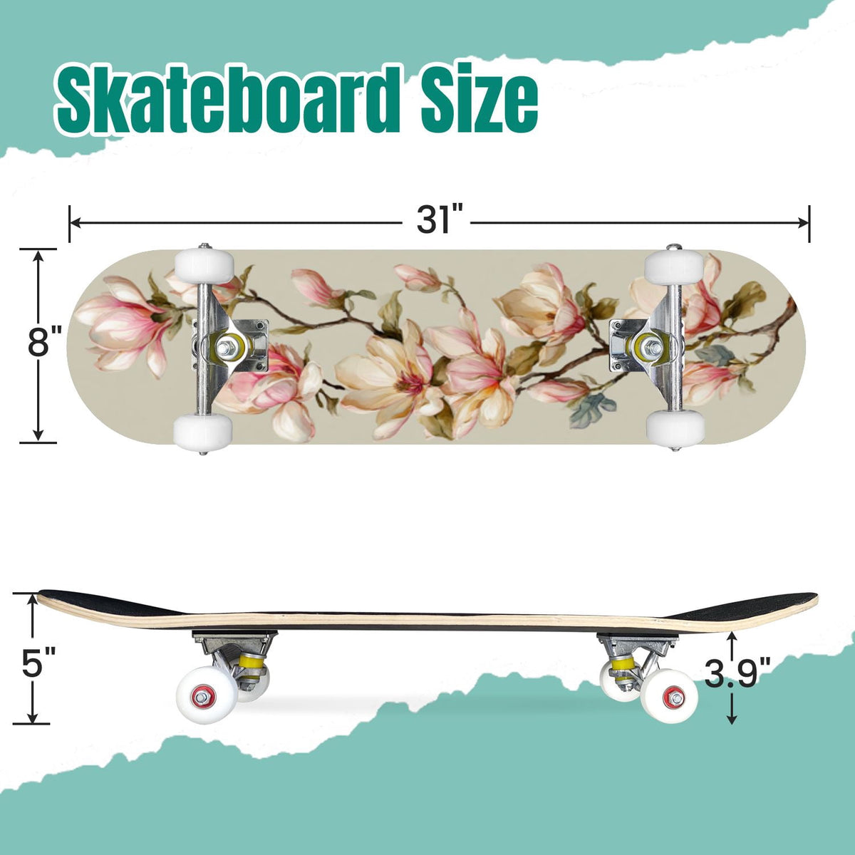 Botanical Birds Lemons Flowers Blue 31" x 8" Complete Skateboard, 7-Ply Canadian Maple Double Kick Trick Board for Kids and Beginners Adult Gifts