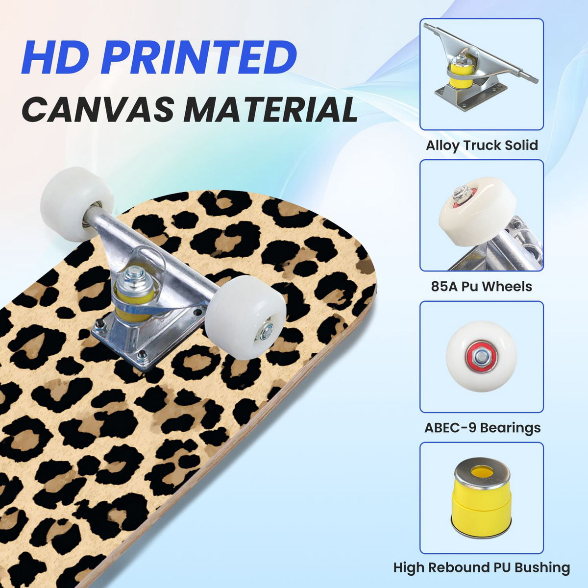 31"x8" Complete Skateboards for Beginners,Leopard Print Black Brown Beige Double Kick 7 Ply Canadian Maple Deck Skateboard with Wheels, Gifts for Kids Teens