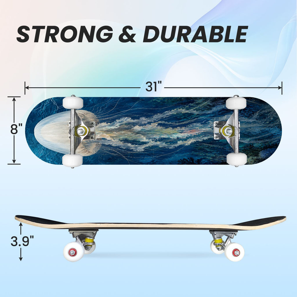 31"x8" Complete Skateboards for Beginners, Colorful Turtle Floral Shell Starry Night Marine Life Double Kick 7 Ply Canadian Maple Deck Skateboard with Wheels, Gifts for Kids Teens