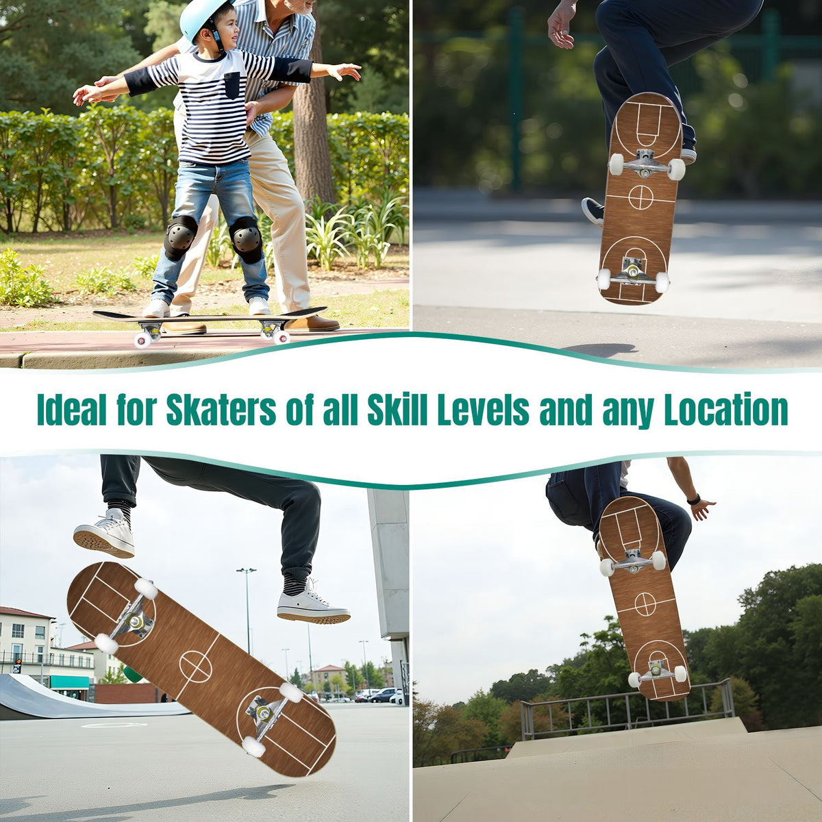 31"x8" Complete Skateboards for Beginners,Vintage Baseball Worn Red Stitches Rustic Double Kick 7 Ply Canadian Maple Deck Skateboard with Wheels, Sports Gifts for Kids Teens