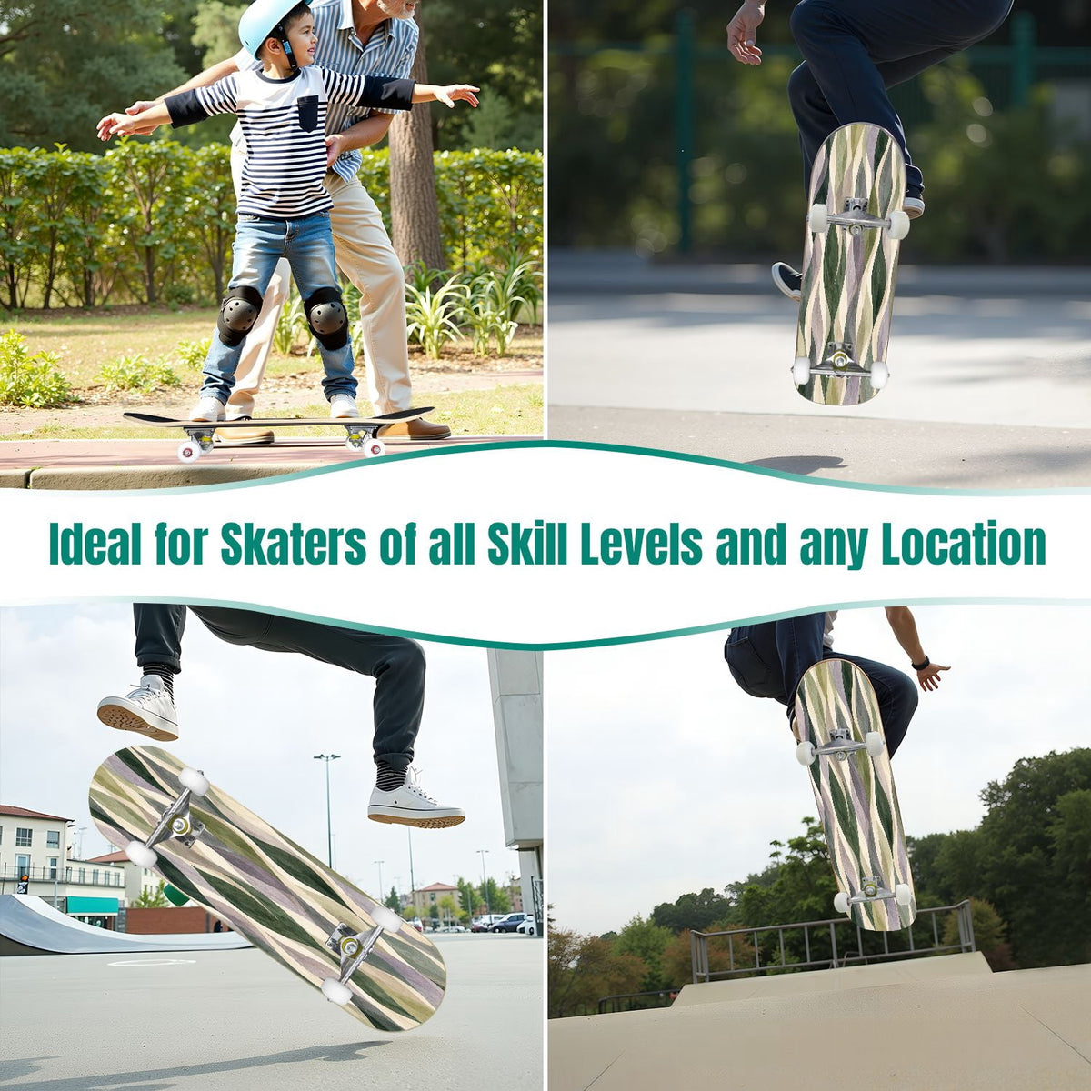 31"x8" Complete Skateboards for Beginners, Vibrant Purple Teal Floral Artwork Golden Accents Vintage Double Kick 7 Ply Canadian Maple Deck Skateboard with Wheels, Gifts for Kids Teens