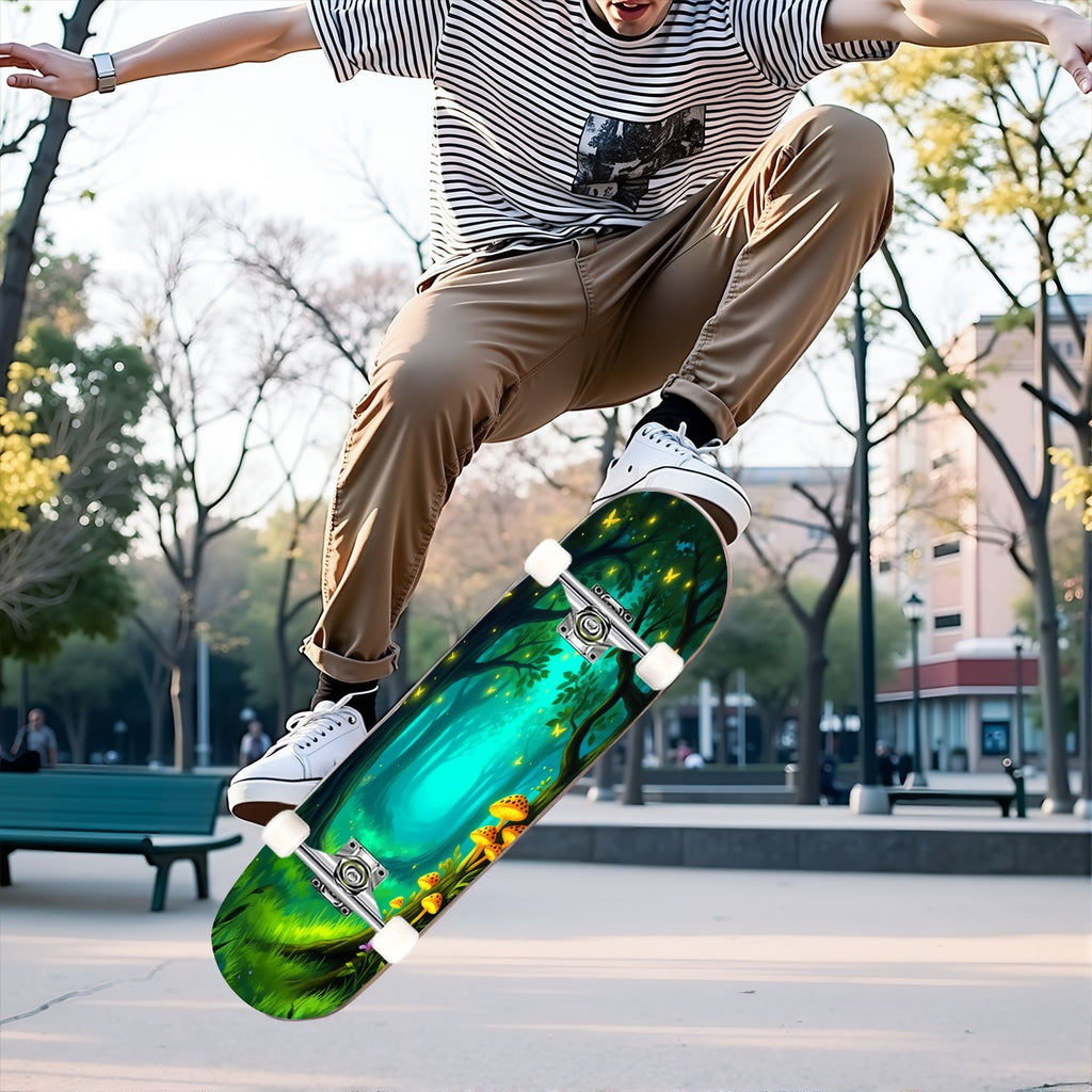 31"x8" Complete Skateboards for Beginners, Magical Forest Glowing Mushrooms Twinkling Fantasy Double Kick 7 Ply Canadian Maple Deck Skateboard with Wheels, Gifts for Kids Teens