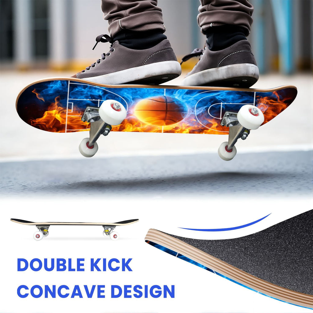 31"x8" Complete Skateboards for Beginners,Vintage Baseball Worn Red Stitches Rustic Double Kick 7 Ply Canadian Maple Deck Skateboard with Wheels, Sports Gifts for Kids Teens