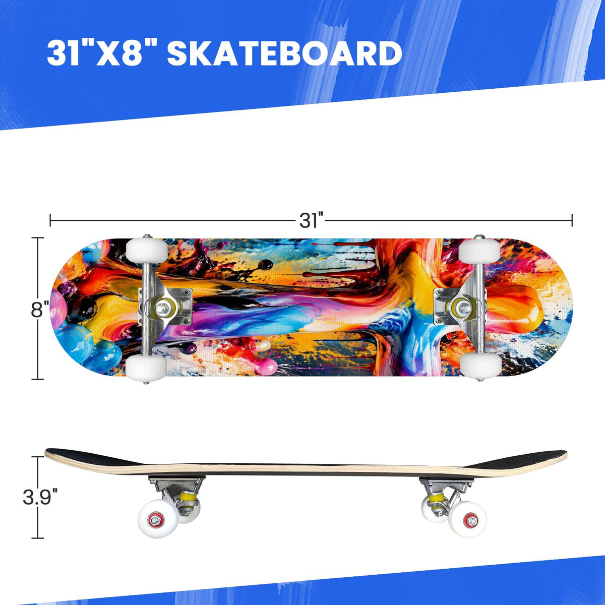 Complete Skateboard Colorful Splash Art Headphones 31 Inch 7-Ply Maple Skateboard with PU Wheels and Aluminum Trucks, Ready-to-Ride Skateboard for Beginners, Teens and Adults