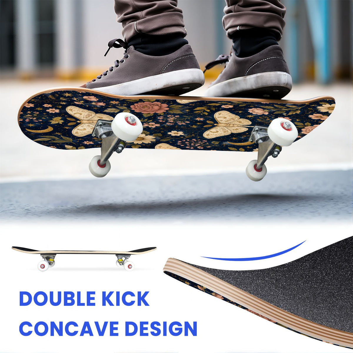 31"x8" Complete Skateboards for Beginners, Colorful Butterfly Blooming Flowers Under Full Moon Starry Double Kick 7 Ply Canadian Maple Deck Skateboard with Wheels, Gifts for Kids Teens