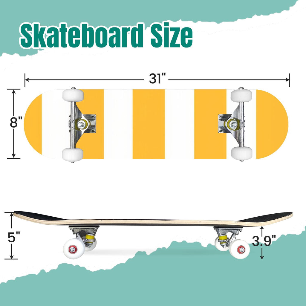 Yellow White Vertical Striped Soft Gradient Lines Minimalist Design 31" x 8" Complete Skateboard, 7-Ply Canadian Maple Double Kick Trick Board for Kids and Beginners Adult Gifts