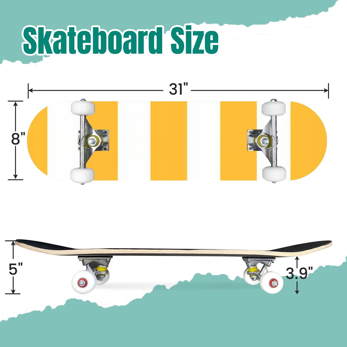 Yellow White Vertical Striped Soft Gradient Lines Minimalist Design 31" x 8" Complete Skateboard, 7-Ply Canadian Maple Double Kick Trick Board for Kids and Beginners Adult Gifts