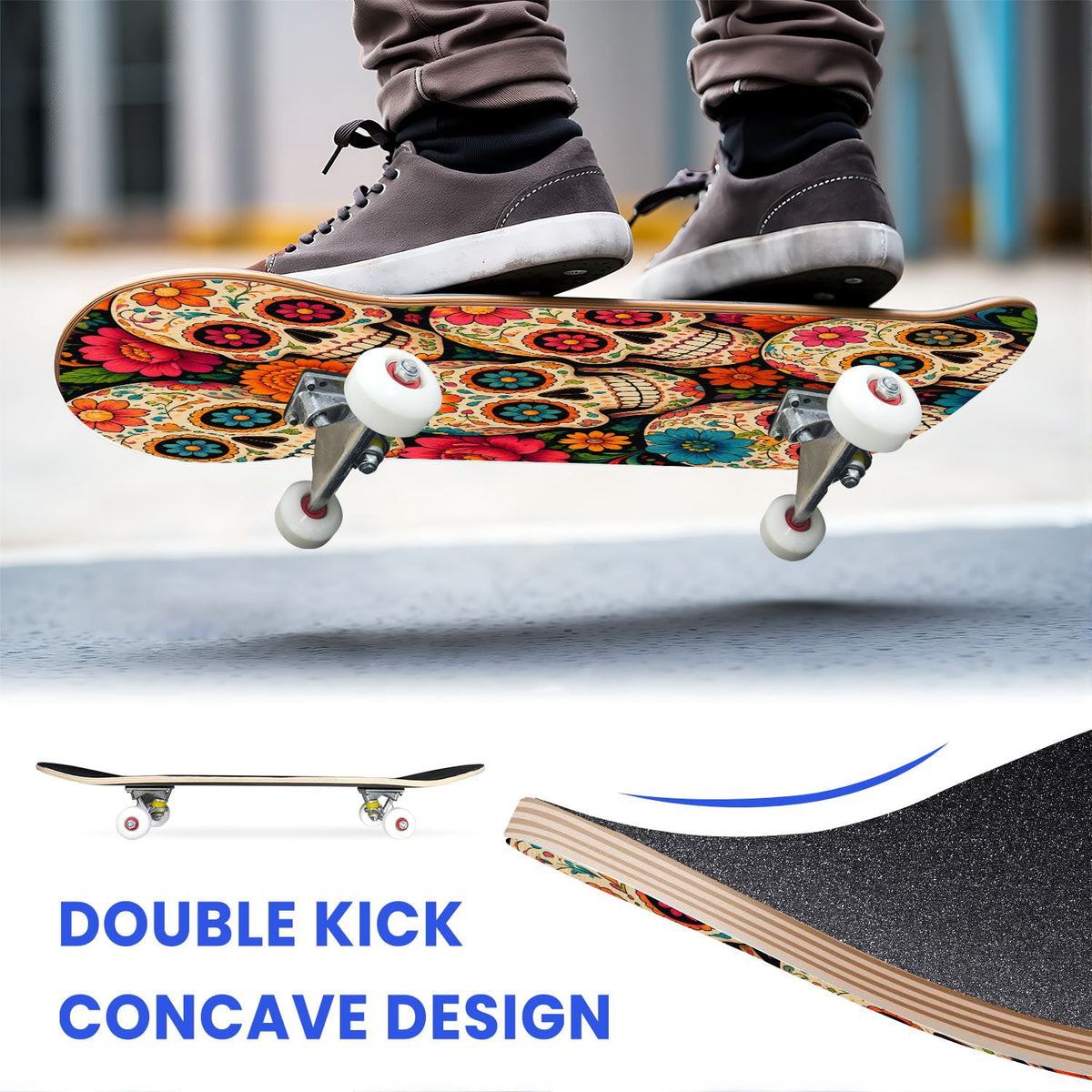31"x8" Complete Skateboards for Beginners, Colorful Sugar Skulls Floral Patterns Mexican Double Kick 7 Ply Canadian Maple Deck Skateboard with Wheels, Gifts for Kids Teens